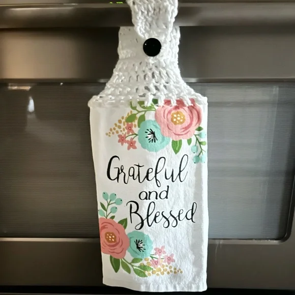 Hand Crafted Floral Hanging Kitchen Hand Towel Colorful Grateful and Blessed - Picture 5 of 8